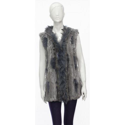 Winter Fur Ladies Grey Genuine Knitted Rabbit 3/4 Vest With Fox Trimming W05Q03Grey